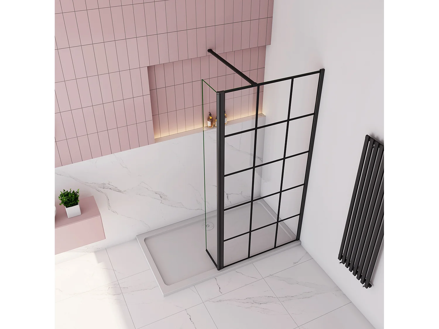 Douchewand-Inloopdouche 100cm draaibaar 30cm 8mm NANO EasyClean onregelmatig zwart rooster gezeefdruktglas 140cm Stabilisatiestang kan worden gesneden