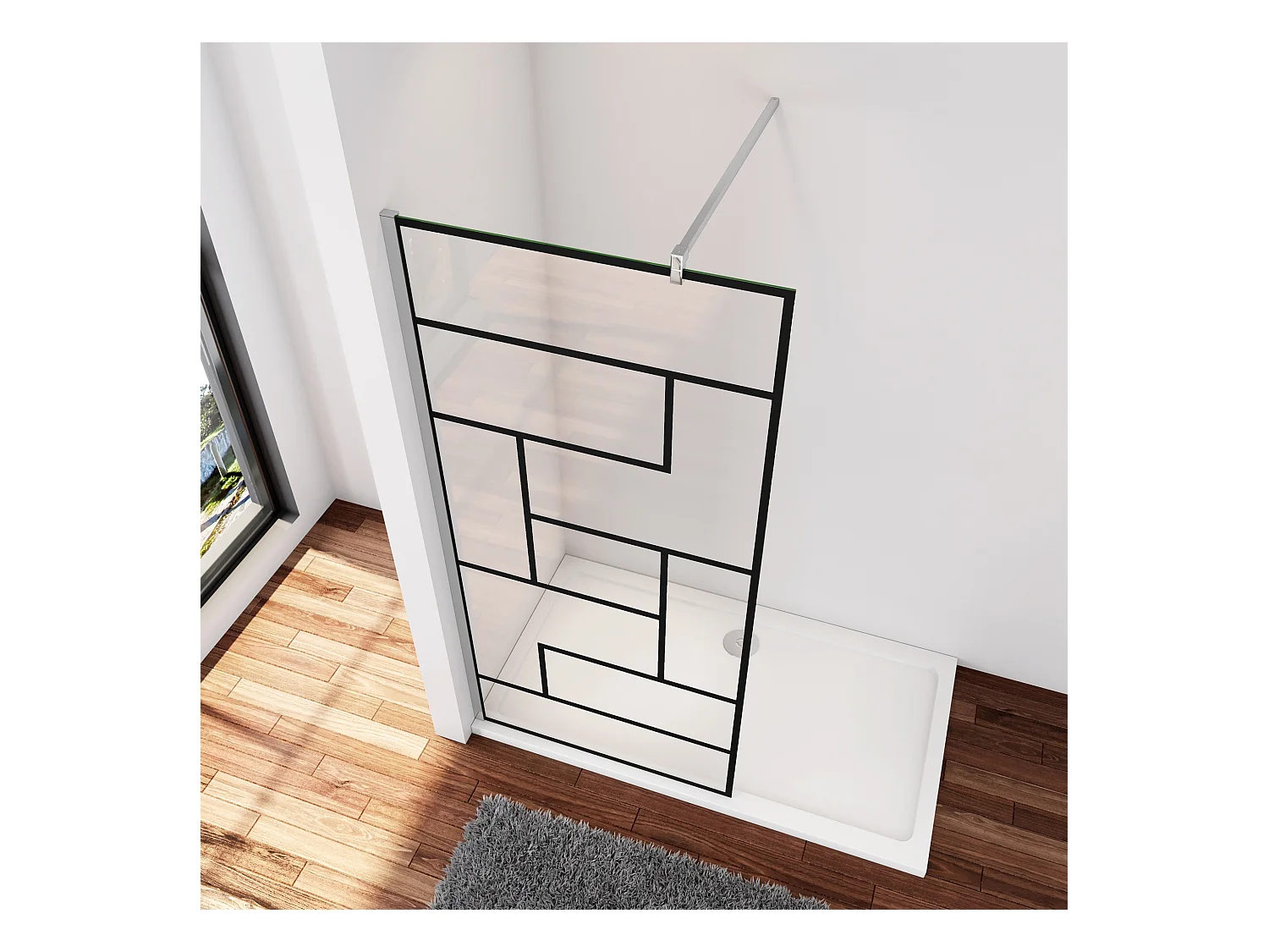 Douchewand-Inloopdouche 140x200cm 8mm NANO Easyclean zwart raster gezeefdrukt gehardglas glanzend chroom 140cm stabilisatiestang(kan worden gesneden).