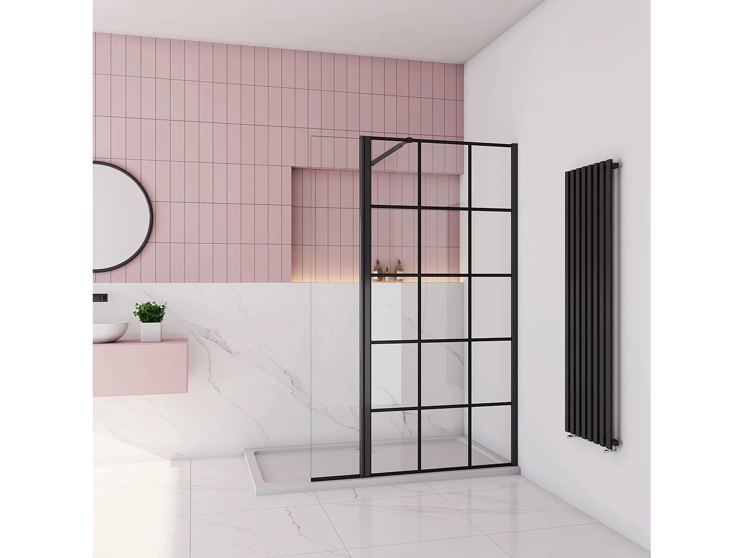 Douchewand-Inloopdouche 100cm draaibaar 30cm 8mm NANO EasyClean onregelmatig zwart rooster gezeefdruktglas 73-120cm Stabilisatiestang inkortbaar