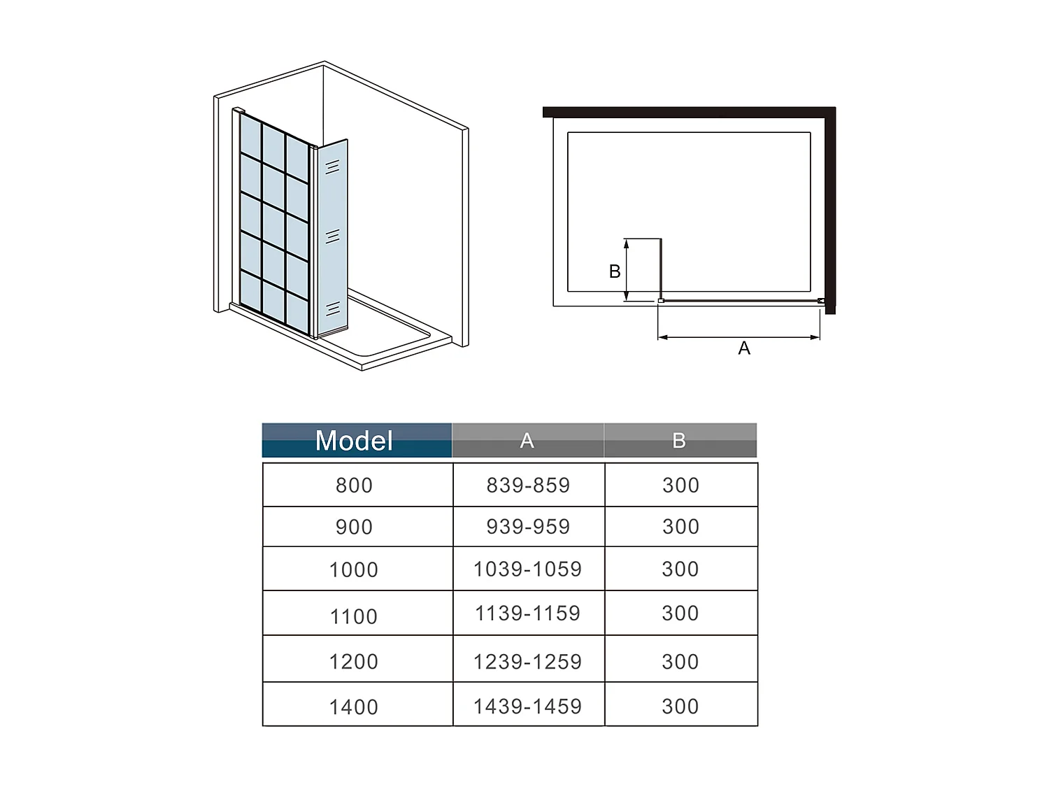 Douchewand-Inloopdouche 100cm draaibaar 30cm 8mm NANO EasyClean onregelmatig zwart rooster gezeefdruktglas 73-120cm Stabilisatiestang inkortbaar