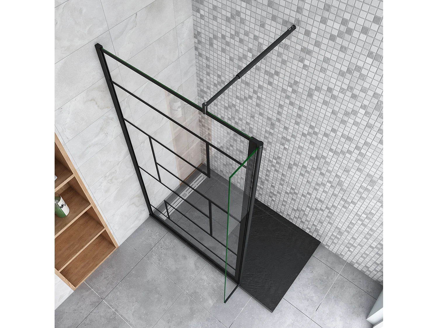 Douchewand-Inloopdouche 90cm draaibaar 30cm 8mm NANO EasyClean onregelmatig zwart rooster gezeefdrukt glas+70-120cm Stabilisatiestang inkortbaar
