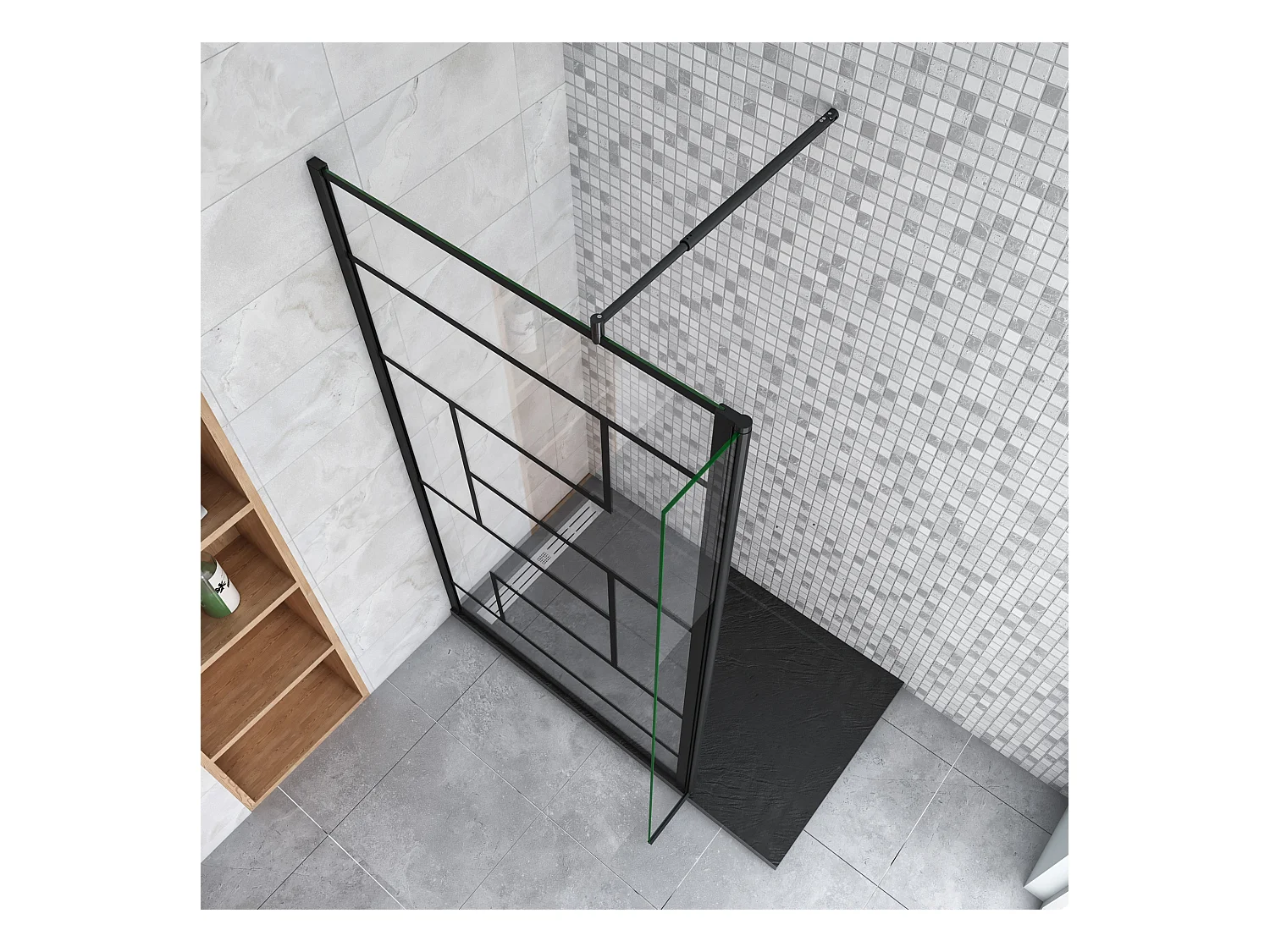 Douchewand-Inloopdouche 100cm draaibaar 40cm 8mm NANO EasyClean onregelmatig zwart rooster gezeefdruktglas+70-120cm Stabilisatiestang inkortbaar