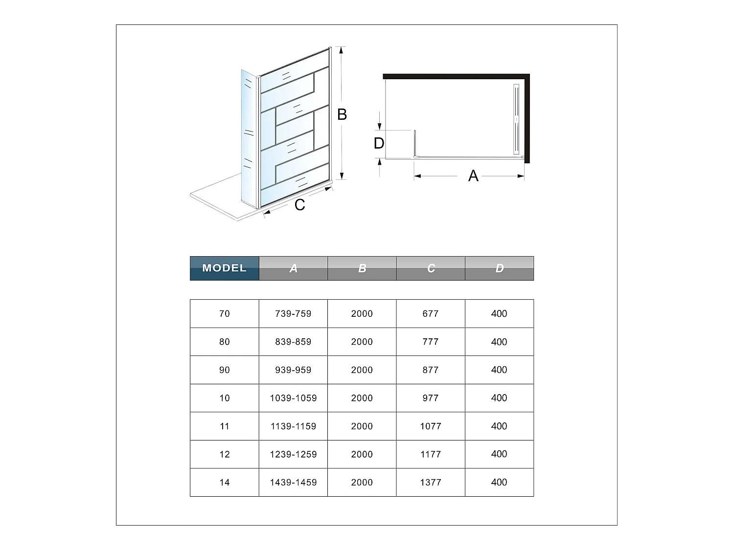 Douchewand-Inloopdouche 100cm draaibaar 40cm 8mm NANO EasyClean onregelmatig zwart rooster gezeefdruktglas+70-120cm Stabilisatiestang inkortbaar