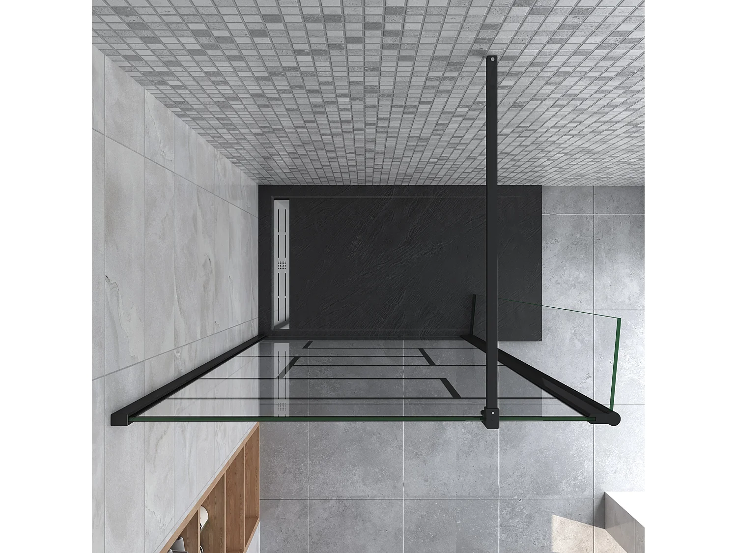 Douchewand-Inloopdouche 90cm draaibaar 40cm 8mm NANO EasyClean onregelmatig zwart rooster gezeefdruktglas+90cm Stabilisatiestang kan worden gesneden