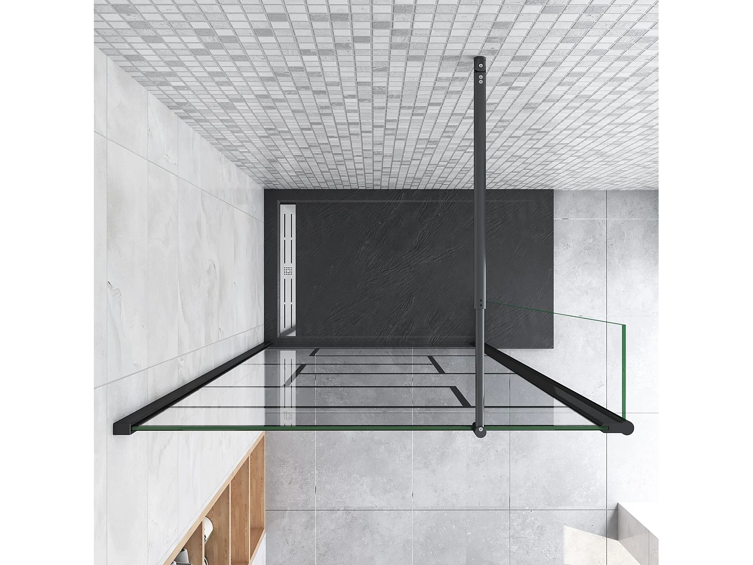 Douchewand-Inloopdouche 140cm draaibaar 40cm 8mm NANO EasyClean onregelmatig zwart rooster gezeefdruktglas+70-120cm Stabilisatiestang inkortbaar