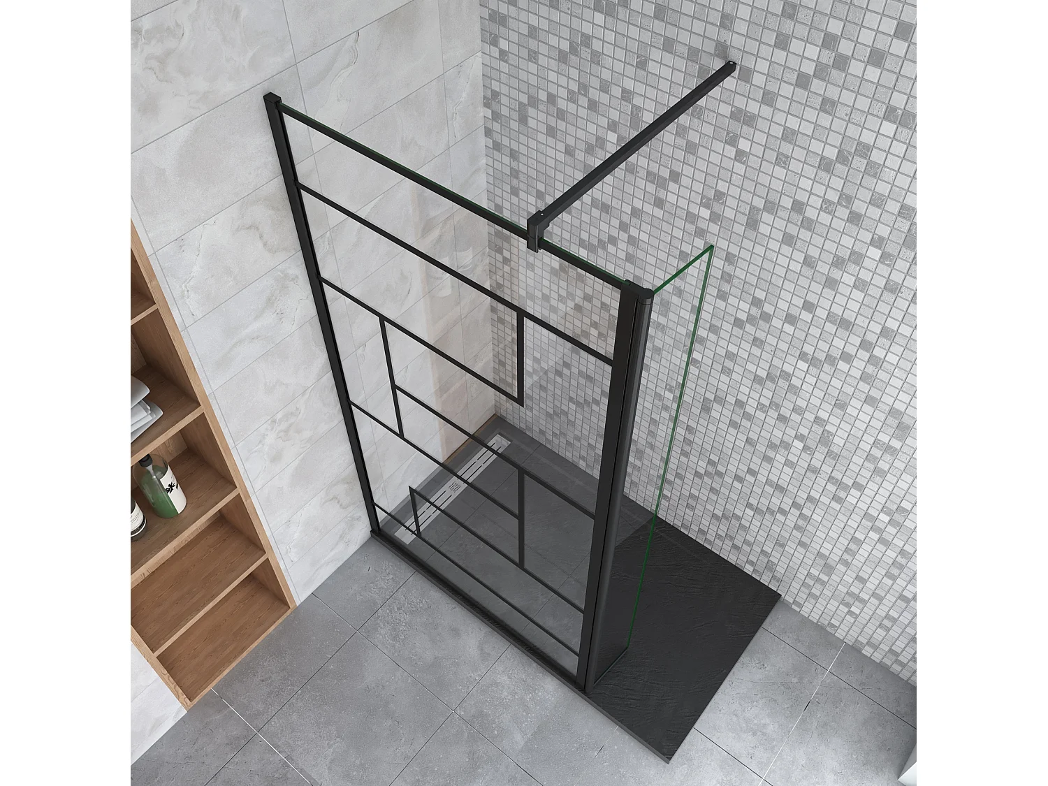 Douchewand-Inloopdouche 100cm draaibaar 40cm 8mm NANO EasyClean onregelmatig zwart rooster gezeefdruktglas+140cm Stabilisatiestang kan worden gesneden