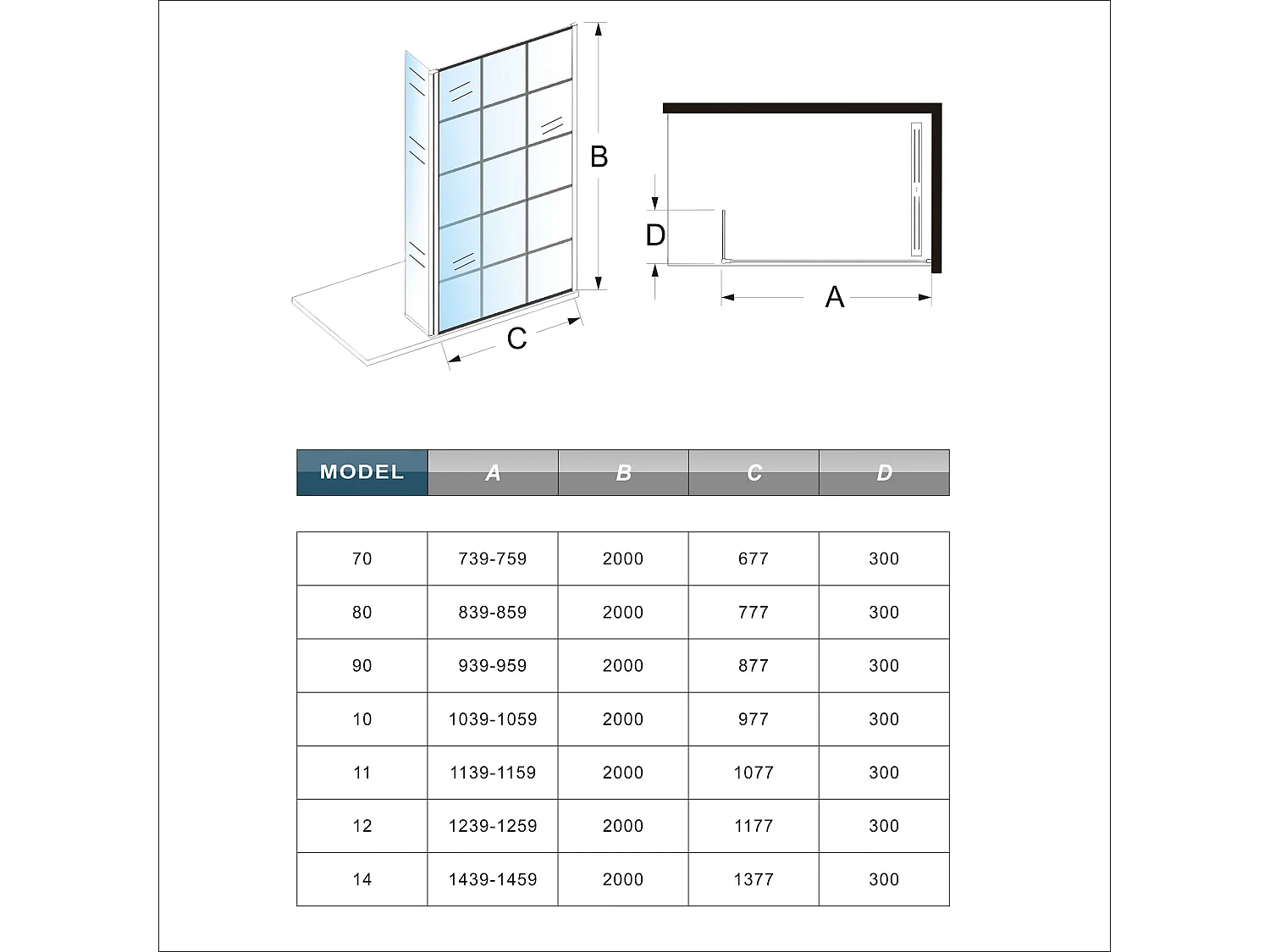 Douchewand-Inloopdouche 100cm draaibaar 30cm 8mm NANO EasyClean onregelmatig zwart rooster gezeefdruktglas 140cm Stabilisatiestang kan worden gesneden