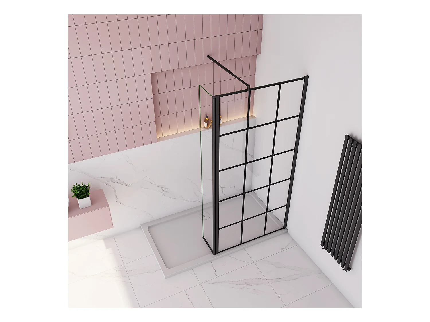 Douchewand-Inloopdouche 100cm draaibaar 40cm 8mm NANO EasyClean onregelmatig zwart rooster gezeefdruktglas 70-120cm Stabilisatiestang inkortbaar