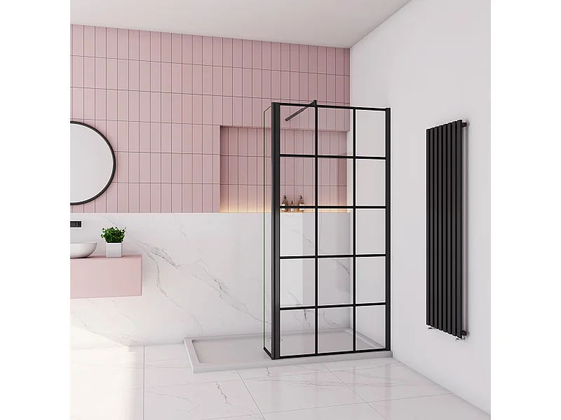 Douchewand-Inloopdouche 100cm draaibaar 40cm 8mm NANO EasyClean onregelmatig zwart rooster gezeefdruktglas 70-120cm Stabilisatiestang inkortbaar