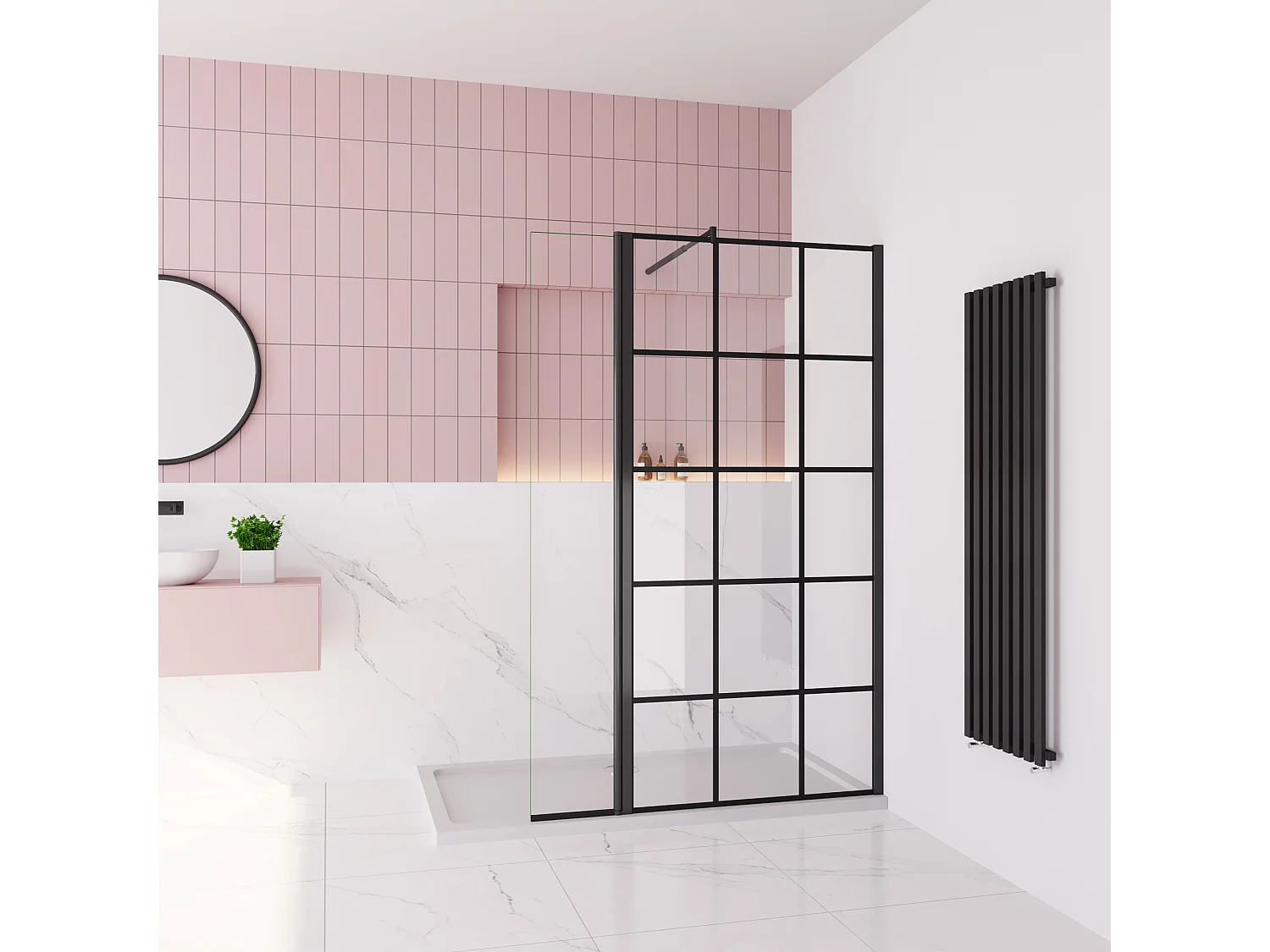 Douchewand-Inloopdouche 100cm draaibaar 30cm 8mm NANO EasyClean onregelmatig zwart rooster gezeefdruktglas 70-120cm Stabilisatiestang inkortbaar