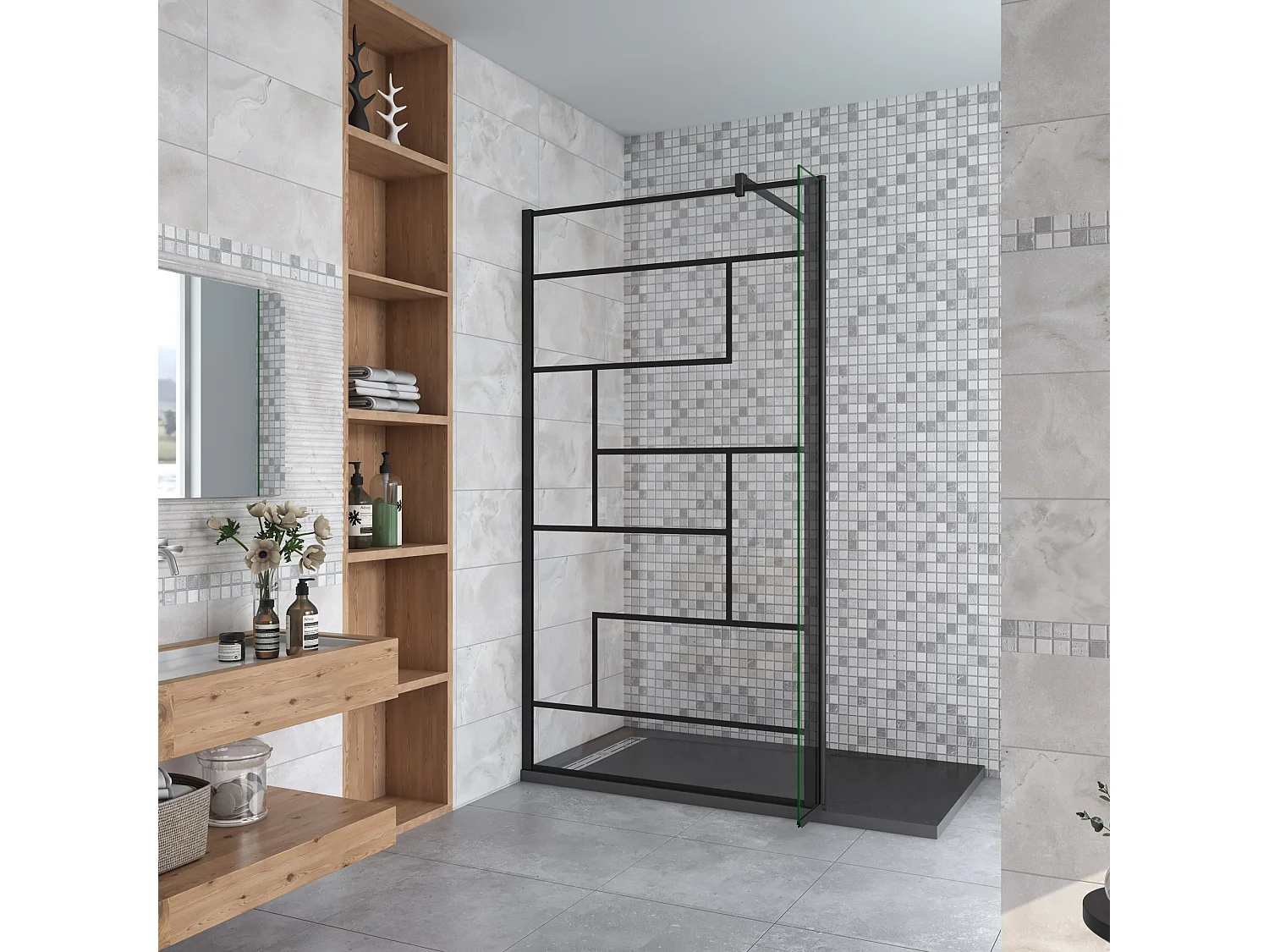 Douchewand-Inloopdouche 70cm draaibaar 30cm 8mm NANO EasyClean onregelmatig zwart rooster gezeefdrukt glas+90cm Stabilisatiestang kan worden gesneden