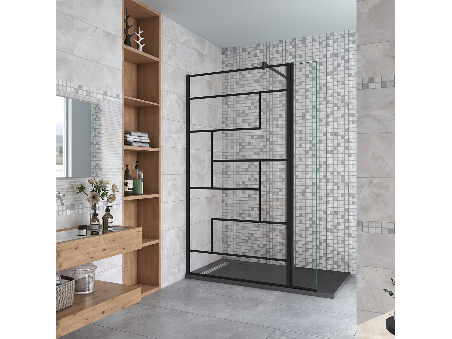 Douchewand-Inloopdouche 90cm draaibaar 40cm 8mm NANO EasyClean onregelmatig zwart rooster gezeefdruktglas+140cm Stabilisatiestang kan worden gesneden