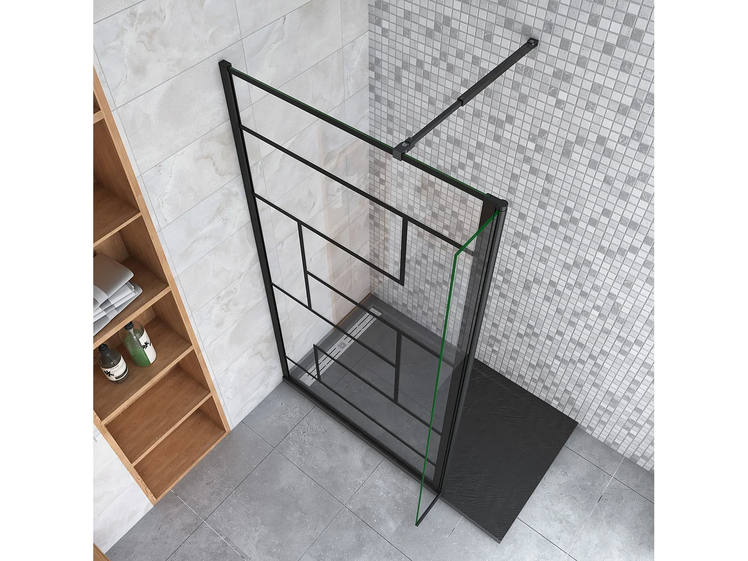 Douchewand-Inloopdouche 140cm draaibaar 30cm 8mm NANO EasyClean onregelmatig zwart rooster gezeefdrukt glas+73-120cm Stabilisatiestang inkortbaar