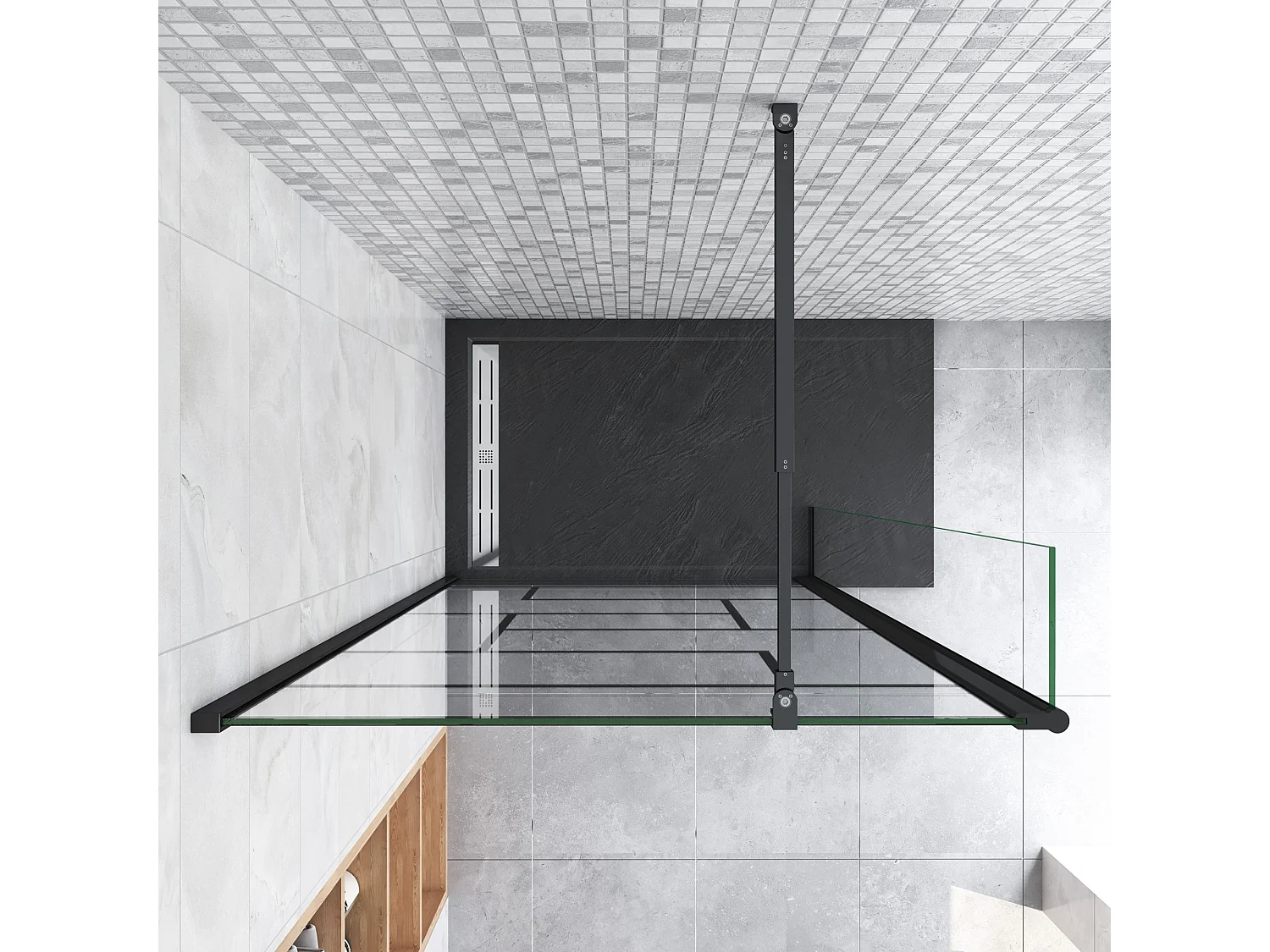 Douchewand-Inloopdouche 140cm draaibaar 30cm 8mm NANO EasyClean onregelmatig zwart rooster gezeefdrukt glas+73-120cm Stabilisatiestang inkortbaar
