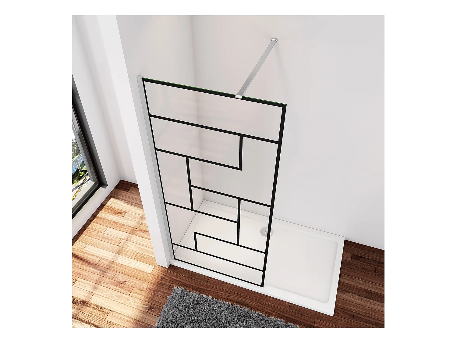 Douchewand-Inloopdouche 140x200cm 8mm NANO Easyclean zwart raster gezeefdrukt gehard glas glanzend chroom 90cm stabilisatiestang(kan worden gesneden)