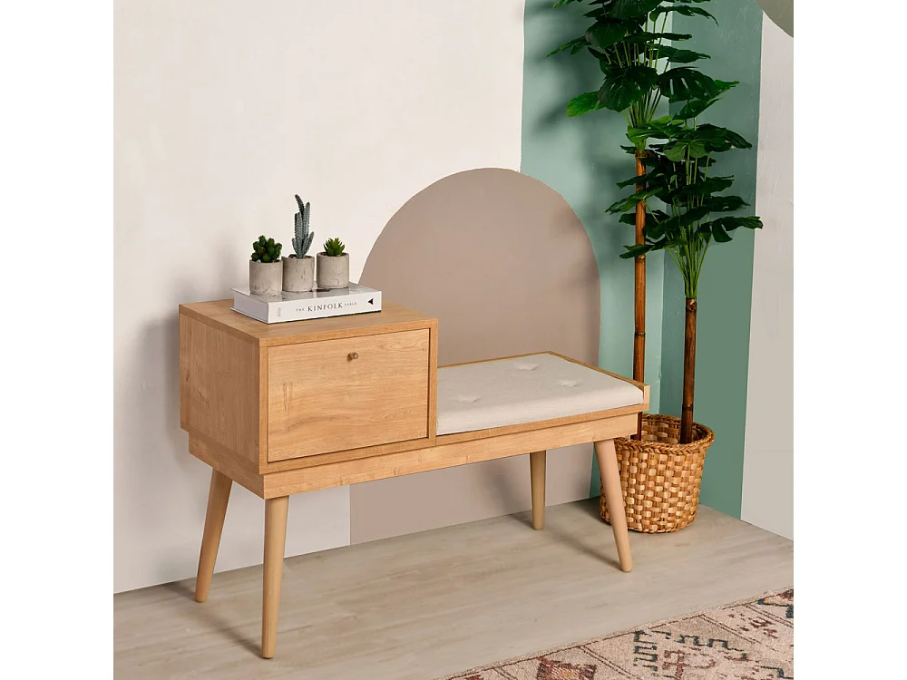 Aro - Banc d'entrée avec rangement en tissu et bois L105cm - Bois clair