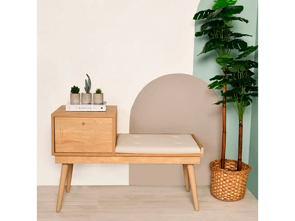 Aro - Banc d'entrée avec rangement en tissu et bois L105cm - Bois clair