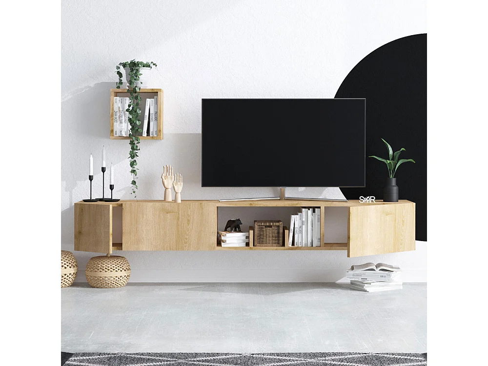 Heavy - Meuble TV suspendu 3 portes en bois L180cm - Bois clair