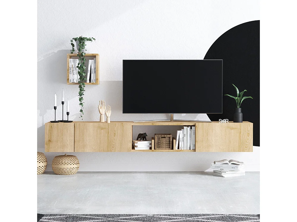 Heavy - Meuble TV suspendu 3 portes en bois L180cm - Bois clair