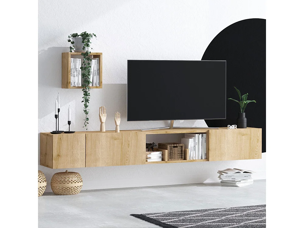 Heavy - Meuble TV suspendu 3 portes en bois L180cm - Bois clair