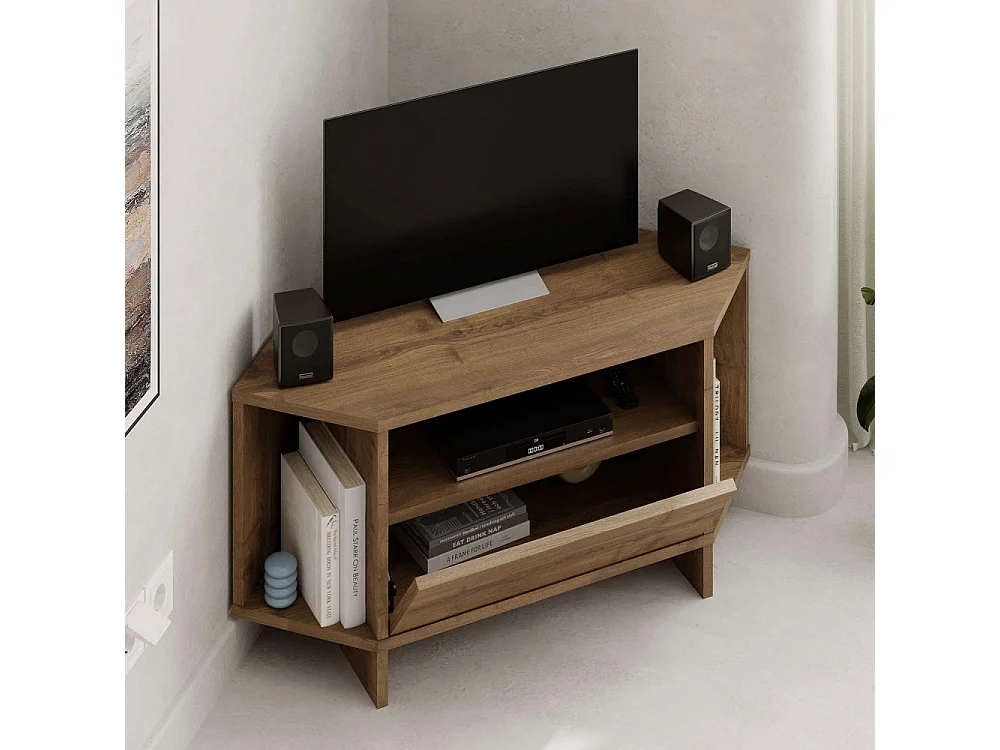 Cano - Meuble TV d'angle 1 porte en bois L95,7cm - Bois foncé