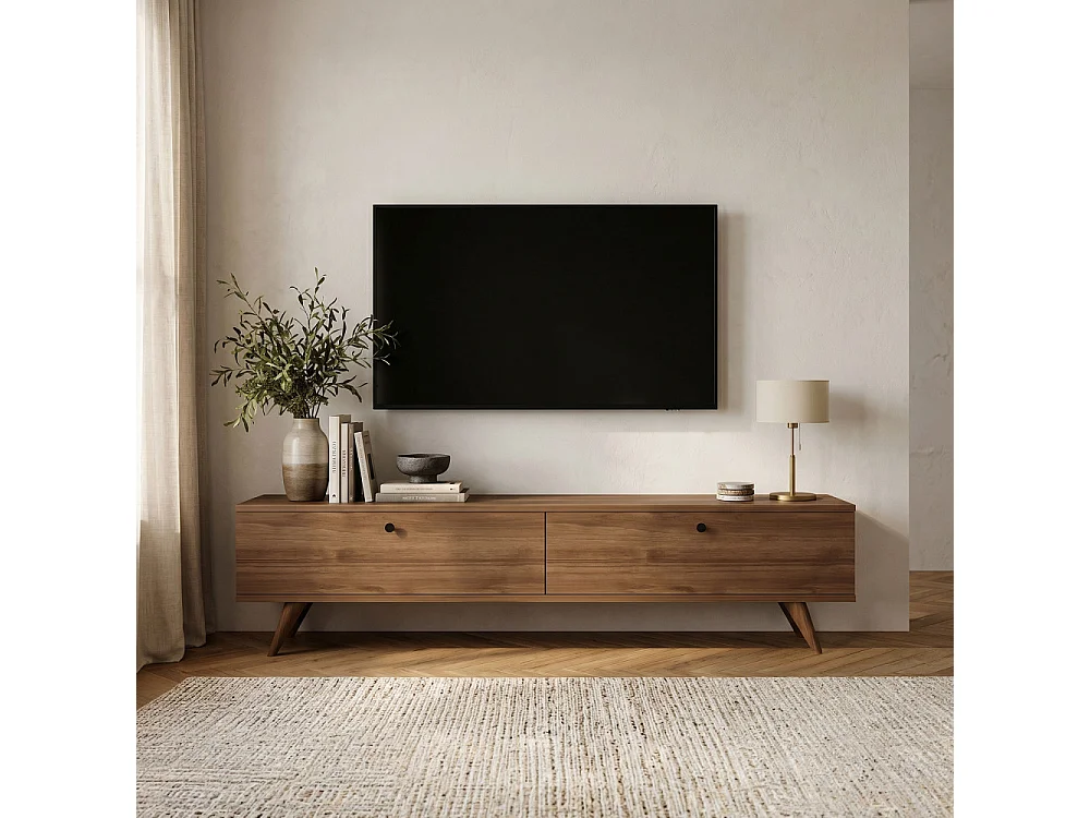 Yara - Meuble TV 2 portes en bois L160cm - Bois foncé