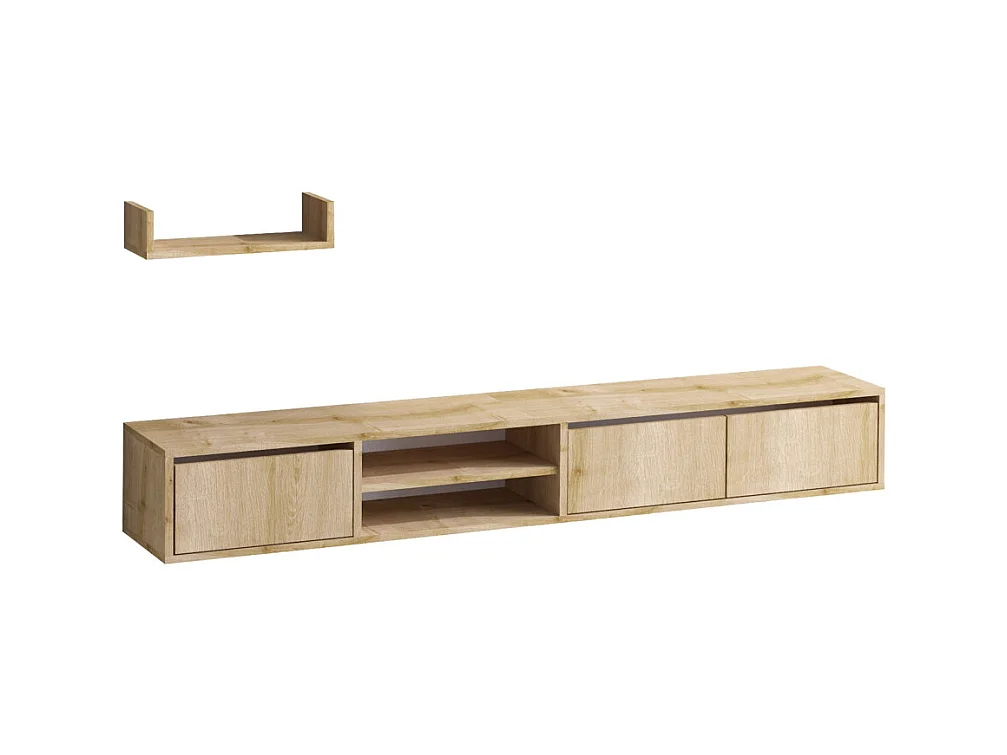 Airo - Meuble TV suspendu 3 portes en bois L180cm - Bois clair