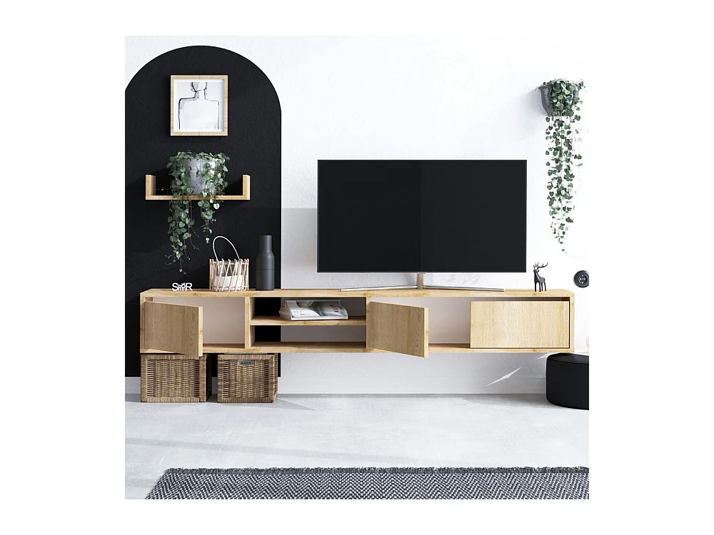 Airo - Meuble TV suspendu 3 portes en bois L180cm - Bois clair