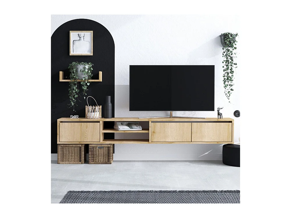 Airo - Meuble TV suspendu 3 portes en bois L180cm - Bois clair