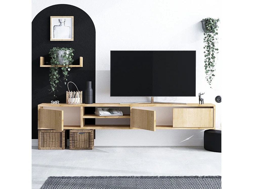 Airo - Meuble TV suspendu 3 portes en bois L180cm - Bois clair