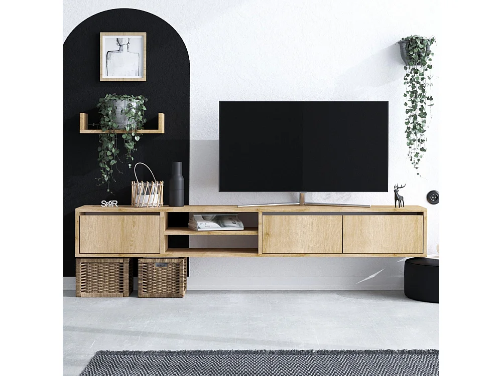 Airo - Meuble TV suspendu 3 portes en bois L180cm - Bois clair