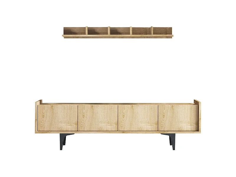 Cleo - Meuble TV 4 portes en bois et métal L150cm - Bois clair