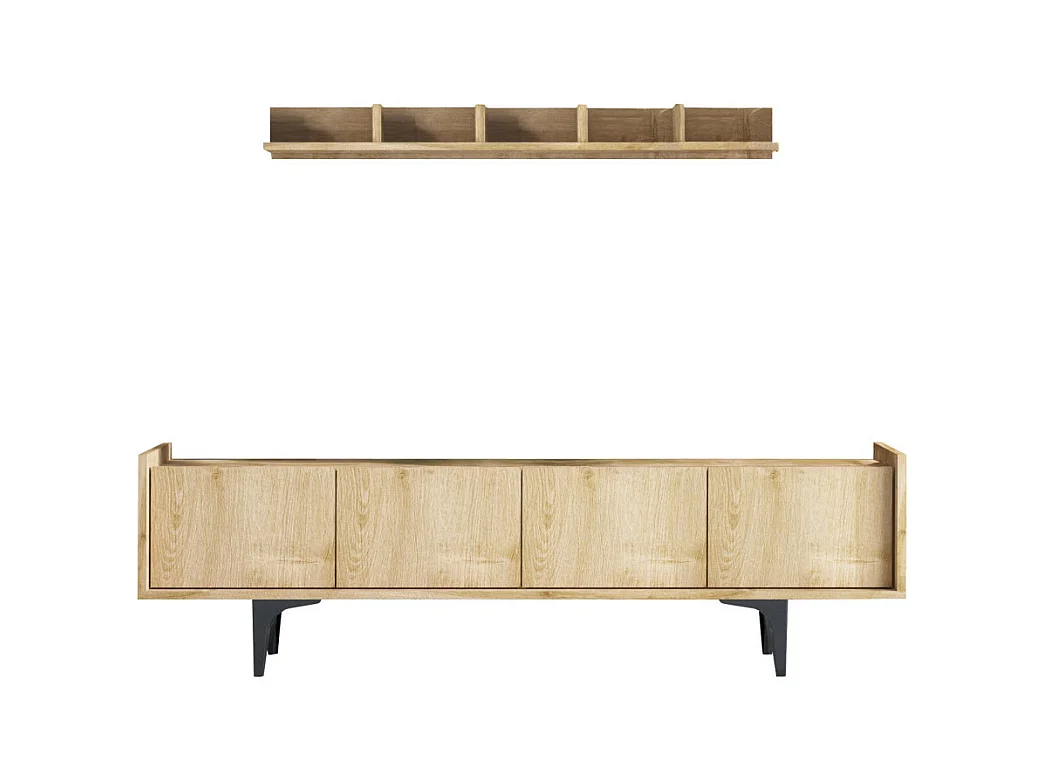 Cleo - Meuble TV 4 portes en bois et métal L150cm - Bois clair