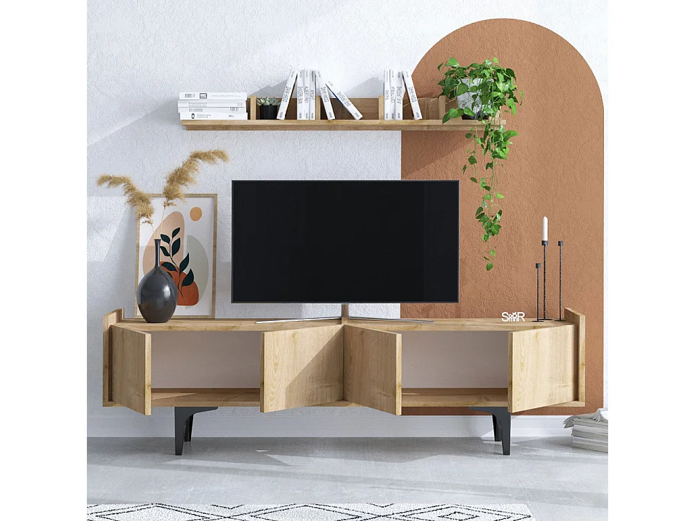 Cleo - Meuble TV 4 portes en bois et métal L150cm - Bois clair