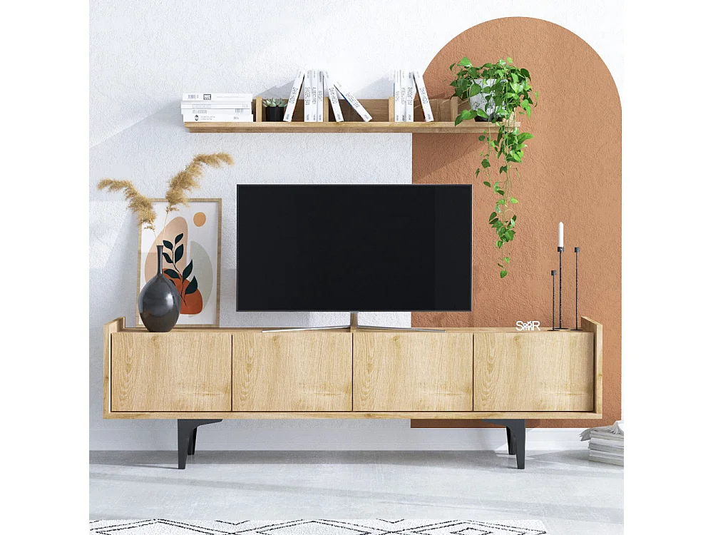 Cleo - Meuble TV 4 portes en bois et métal L150cm - Bois clair