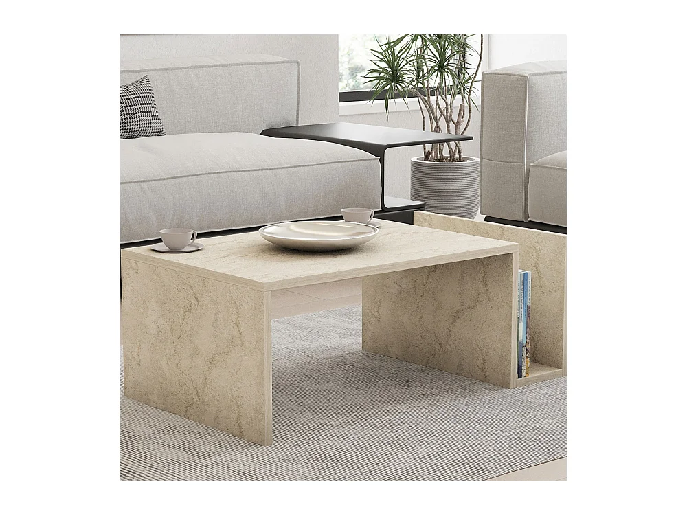 Max - Table basse avec porte magazines effet travertin - Beige