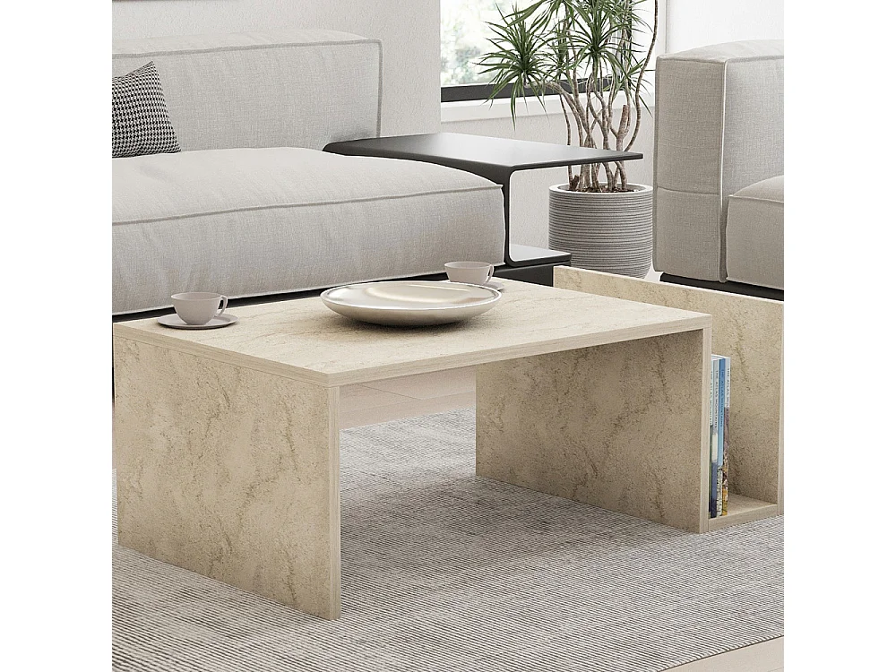 Max - Table basse avec porte magazines effet travertin - Beige