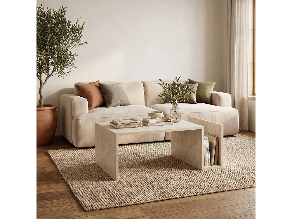 Max - Table basse avec porte magazines effet travertin - Beige