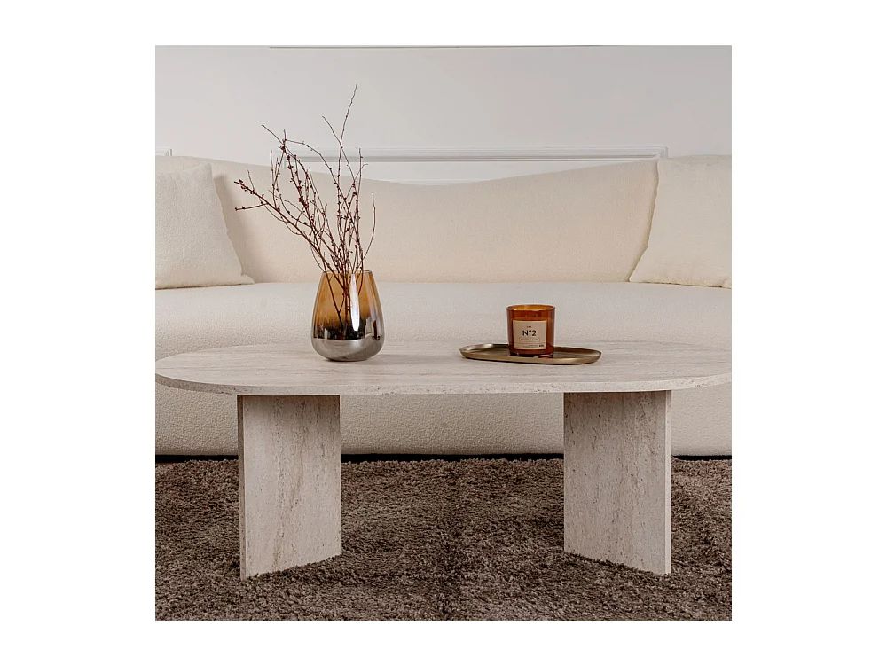 Sam - Table basse ovale effet travertin 119x60cm - Beige