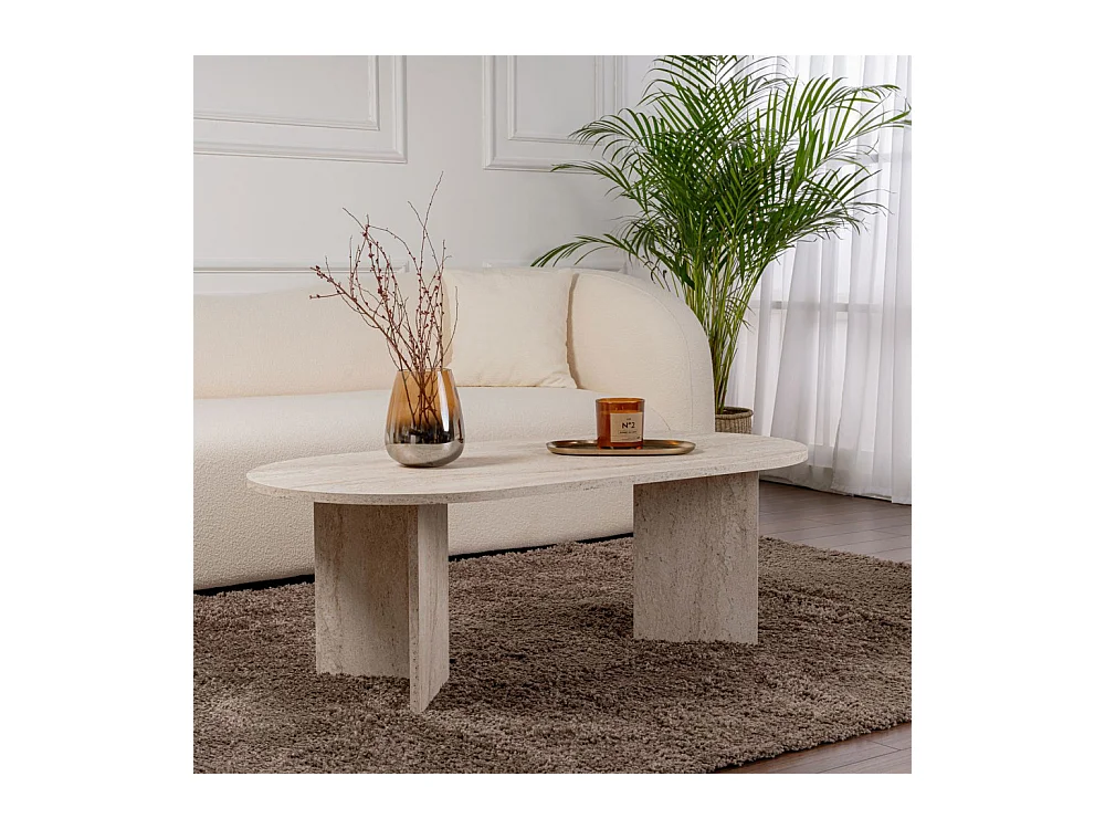 Sam - Table basse ovale effet travertin 119x60cm - Beige