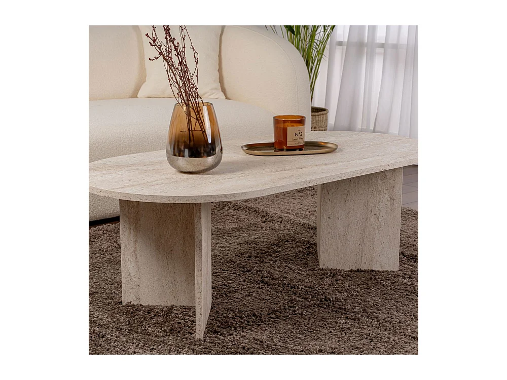 Sam - Table basse ovale effet travertin 119x60cm - Beige
