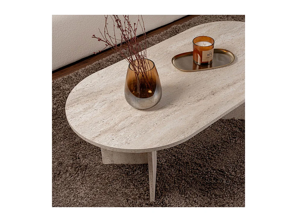 Sam - Table basse ovale effet travertin 119x60cm - Beige