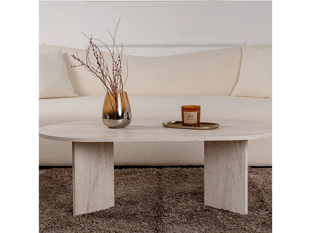 Sam - Table basse ovale effet travertin 119x60cm - Beige