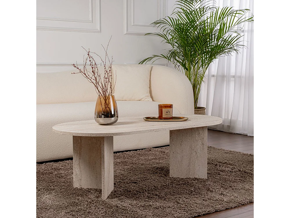 Sam - Table basse ovale effet travertin 119x60cm - Beige