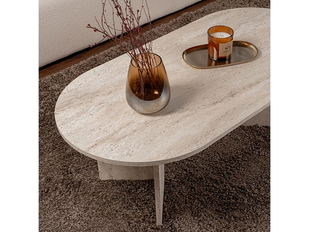 Sam - Table basse ovale effet travertin 119x60cm - Beige