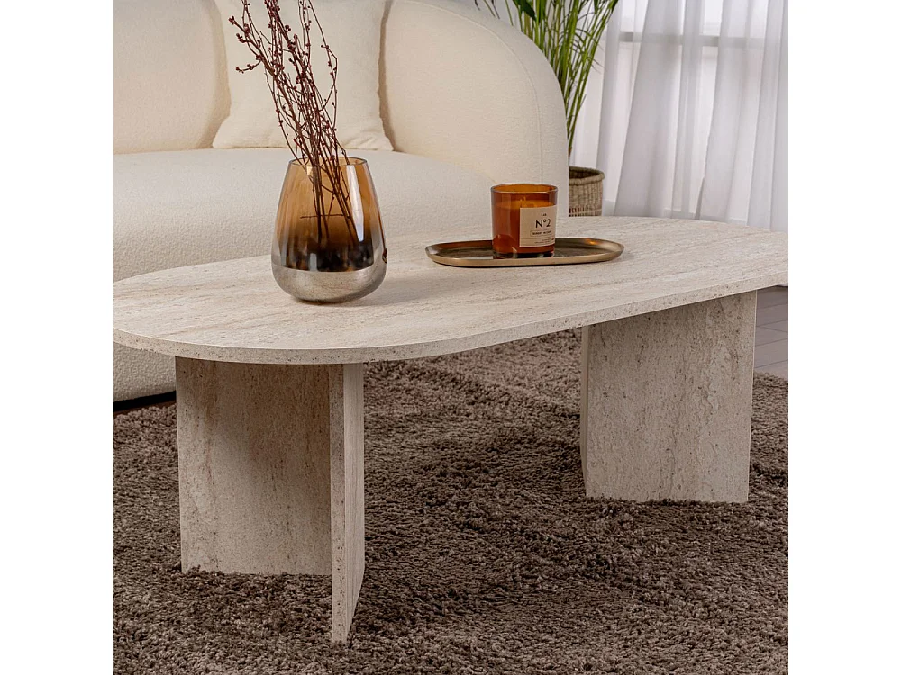 Sam - Table basse ovale effet travertin 119x60cm - Beige