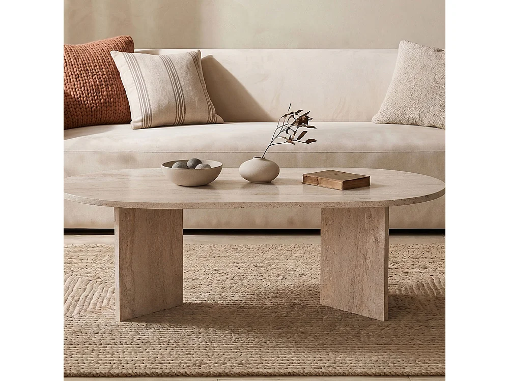 Sam - Table basse ovale effet travertin 119x60cm - Beige