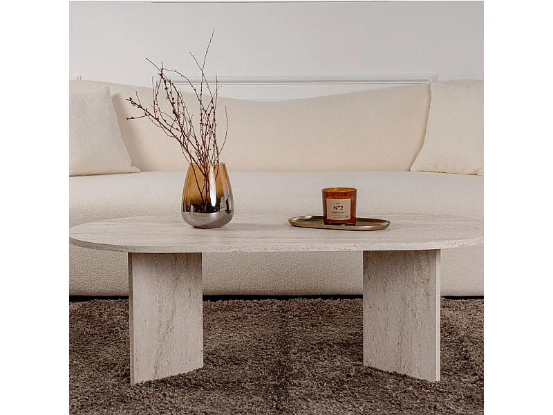 Sam - Table basse ovale effet travertin 119x60cm - Beige