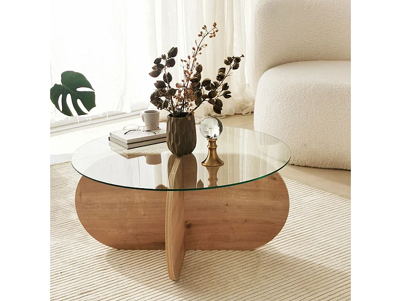Bully - Table basse ronde en verre trempé et bois ø75cm - Bois clair