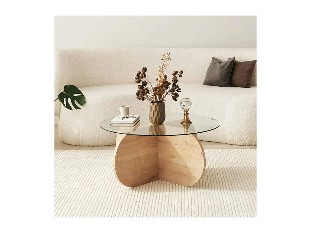 Bully - Table basse ronde en verre trempé et bois ø75cm - Bois clair